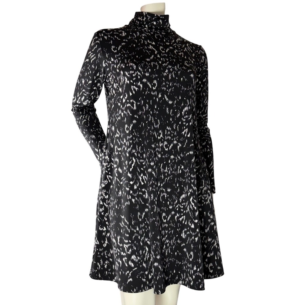 Sympli Trapeze Midi Dress Animal Print Black White Mock Neck‎ Elevated Basics  8
